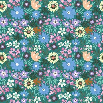 Floral pattern of blue, light yellow and purple flowers on a green background Stock Illustration