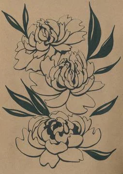 Floral pattern with a bouquet of large fluffy autumn flowers in black on beige Stock Illustration