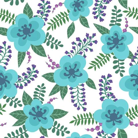 Floral pattern with bright blue flowers, plants, branches and berries on a wh Stock Illustration