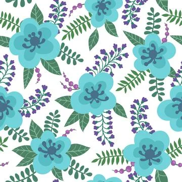 Floral pattern with bright blue flowers, plants, branches and berries on a .. イラスト素材