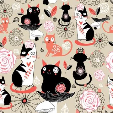Floral pattern with cats Stock Illustration