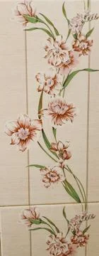 Floral Pattern Ceramic Wall Tile with Pink Flowers and Green Leaves Stock Photos