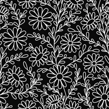 Floral pattern. Chamomile. Seamless pattern of white outline on a black backg Stock Illustration