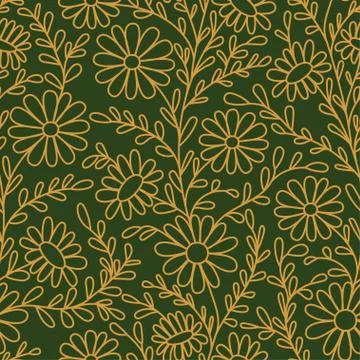 Floral pattern. Chamomiles. Seamless pattern gold outline on a green backgrou Stock Illustration