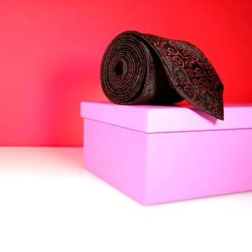 A floral pattern classic tie rolled isolated on gift box closeup view Stock Photos