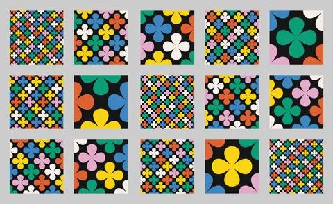 Floral pattern collection with clover shapes and colorful petals on white bac Stock Illustration