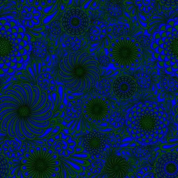 Floral pattern with deep blue and green flowers on dark background. Swirling Illustrazione stock