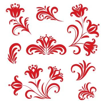 Floral pattern design element set. Ornamental flowers in russian style over.. Stock Illustration