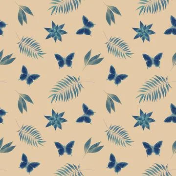 Floral pattern featuring tropical elements with butterflies and leaves Illustrazione stock