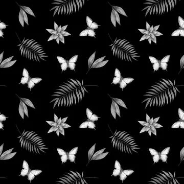 Floral pattern featuring tropical leaves and butterflies on a dark background Stock Illustration