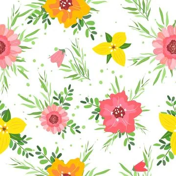 Floral pattern with flowers and herbs on white background. Stock Illustration