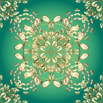 Floral pattern. Golden elements on beige, green and blue colors. Seamless vector イラスト素材