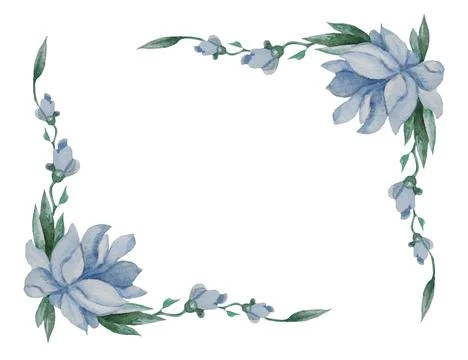 Floral pattern. The horizontal frame of blue flowers, buds and leaves on a wh Stock Illustration
