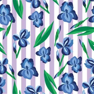 Floral pattern with irises on the striped background Stock Illustration