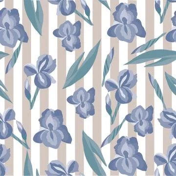 Floral pattern with irises on the striped background Stock Illustration