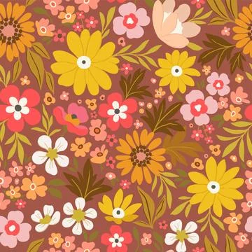 Floral pattern of large yellow, red and orange flowers on a dark coral backgr Stock Illustration