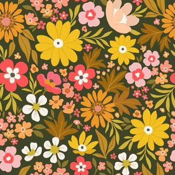 Floral pattern of large yellow, red and orange flowers on a dark green backgr Stock Illustration