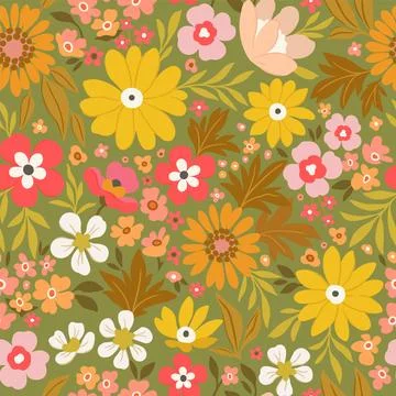 Floral pattern of large yellow, red and orange flowers on a light green backg Stock Illustration