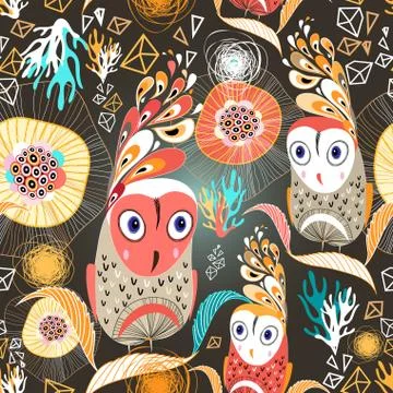 Floral pattern with owls Stock Illustration