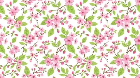 Floral pattern with pink flowers and green leaves Stock Illustration