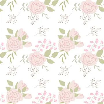 Floral pattern with pink roses and green leaves on white background Stock Illustration