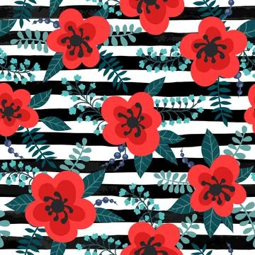 Floral pattern with red flowers, plants, branches and berries on a striped .. イラスト素材