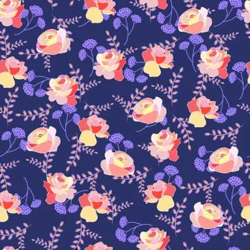 Floral pattern with roses and summer flowers on a blue background. Stock Illustration