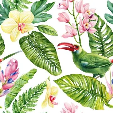 Floral pattern, Seamless background bird, tropical leaves, flowers. Watercolor Illustrazione stock