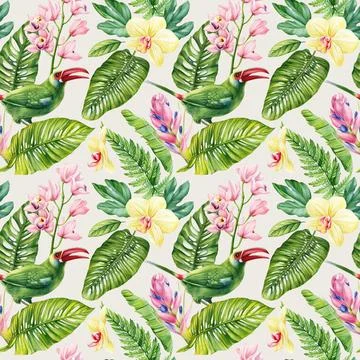 Floral pattern, Seamless background bird, tropical leaves, flowers. Watercolor 스톡 일러스트