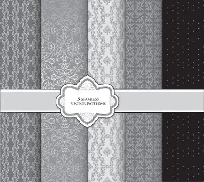 Floral pattern set. Geometric fabric seamless textures and frame decor Stock Illustration