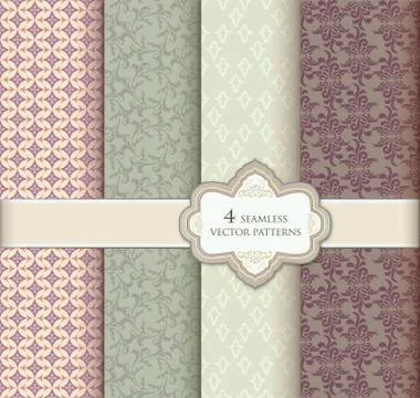 Floral pattern set. Geometric fabric seamless textures and frame decor Stock Illustration