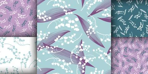Floral Pattern Set. Seamless Lily of the Valley Fabric Design. Vintage Flower Stock Illustration