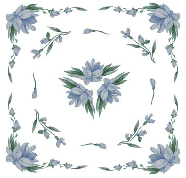 Floral pattern. Squared botanical frame made of blue flowers, buds, branches  스톡 일러스트