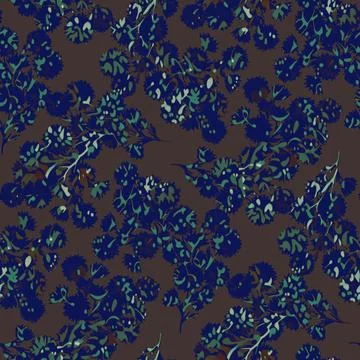 Floral pattern with stylized blue and green flowers on dark brown background Illustrazione stock