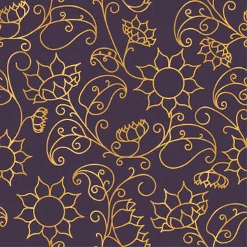 Floral pattern. Sunflowers. Seamless pattern gold outline on a purple background Illustrazione stock