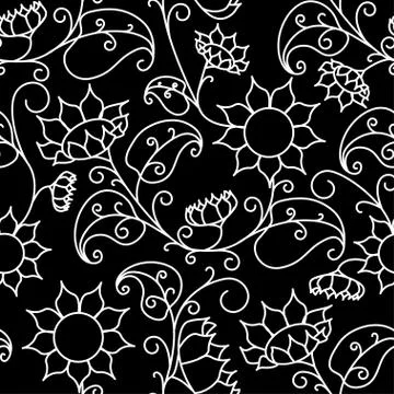 Floral pattern. Sunflowers. Seamless pattern white outline on a black background Illustrazione stock
