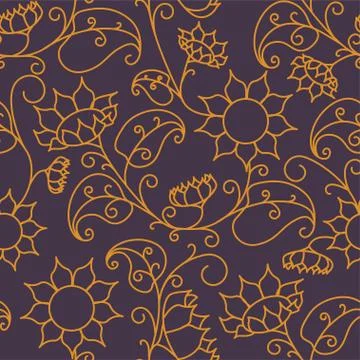 Floral pattern. Sunflowers. Seamless pattern gold outline on a purple backgro Illustrazione stock
