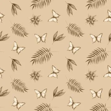 Floral pattern with tropical elements featuring butterflies and leaves in soft Stock Illustration