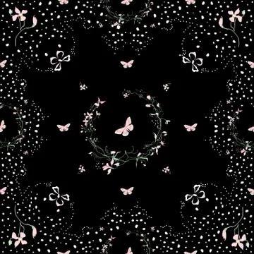 Floral Pattern Vector black Background with flowers and butterflies Illustrazione stock
