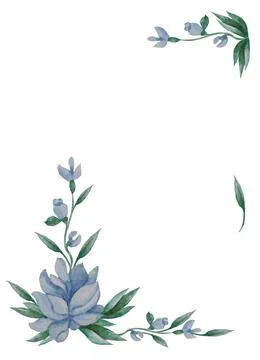 Floral pattern. The vertical frame of blue flowers, buds and leaves on white  Stock Illustration