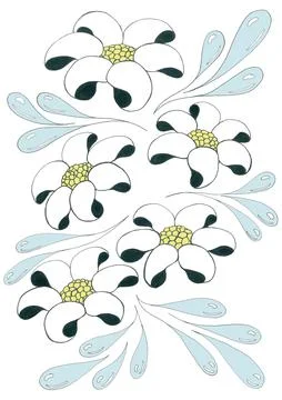 Floral pattern of voluminous rounded daisies and graceful blue water drops Stock Illustration