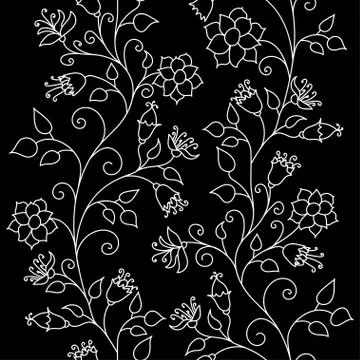 Floral pattern. Wildflowers. Seamless pattern white outline on a black Stock Illustration