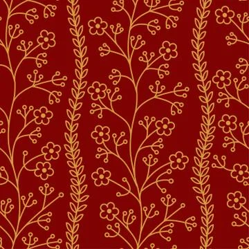 Floral pattern. Wildflowers. Seamless pattern gold outline on a red backgroun Illustrazione stock