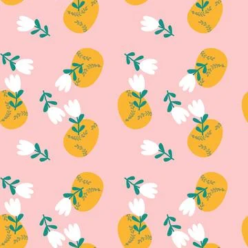 Floral pattern with yellow circles and white flowers on pink background Stock Illustration