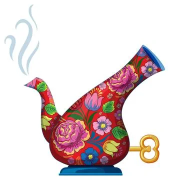 Floral Patterned Wind-Up Teapot with Steam Stock Illustration