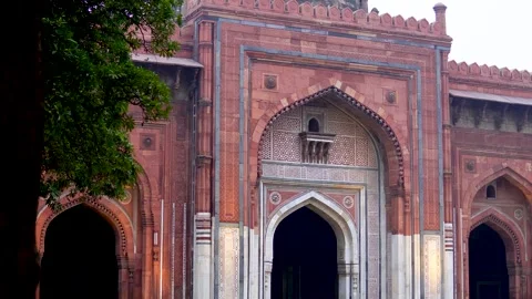 Floral Patterns and Geometric Designs at the Entrance of Qila-i-Kuhna Mosque Stock Footage 261553404