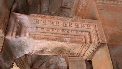 Floral patterns carved on the ceiling of Angkor Wat, Cambodia Stock Footage 318677074