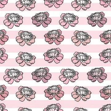 Floral peony seamless repeat pattern with stripes. Stock Illustration