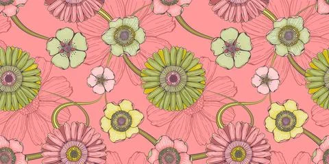 Floral pink seamless pattern with gerberas and magnolias Stock Illustration