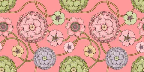 Floral pink seamless pattern with peones and magnolias Stock Illustration